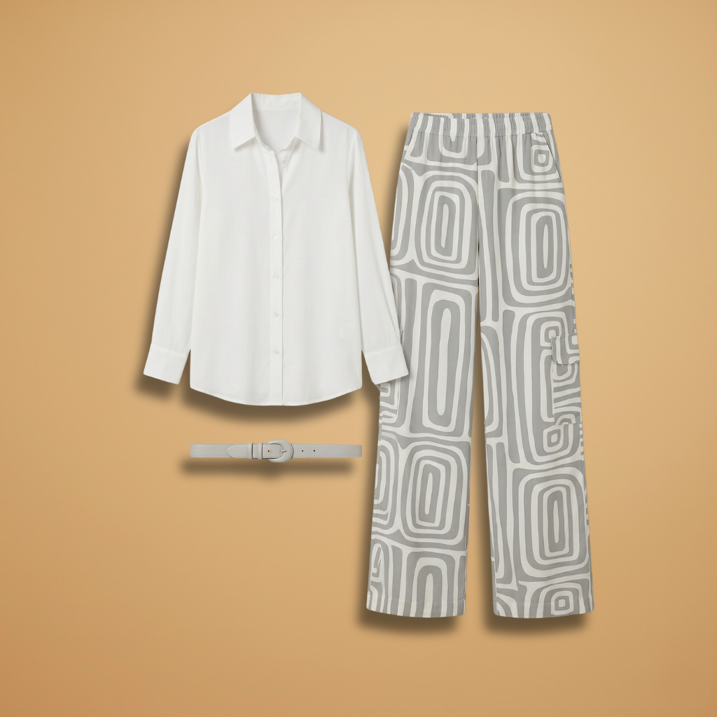 Women's Two-Piece Set with Geometric Print and Belt