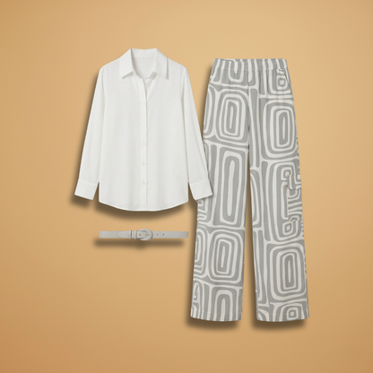 Women's Two-Piece Set with Geometric Print and Belt