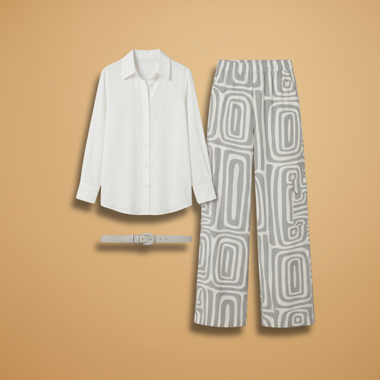 Women's Two-Piece Set with Geometric Print and Belt