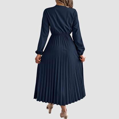 Women's Lace V-Neck A-Line Dress – Long Sleeve, Pleated, Autumn Winter Style