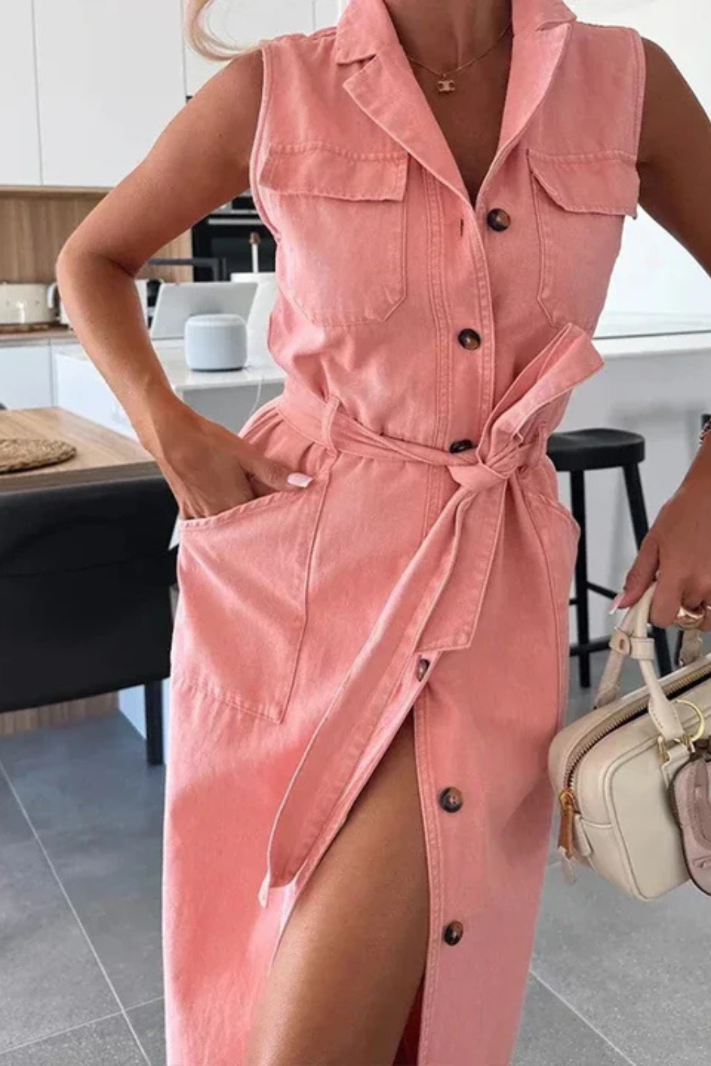 Women Sleeveless Belted Button Down Denim Maxi Dress with Split