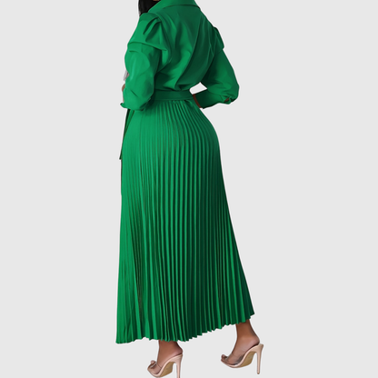 Women's Wrap Pleated Midi Dress – V-Neck, Tie Belt, Three-Quarter Sleeve