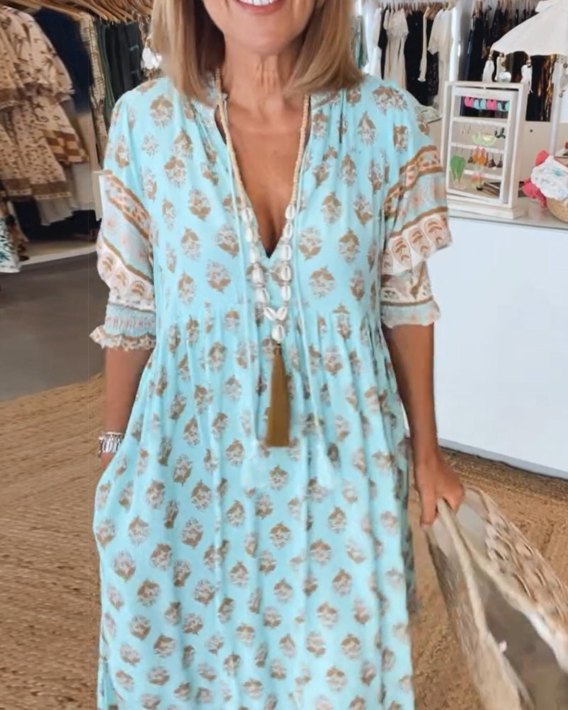 Women Printed V Neck Midi Dress