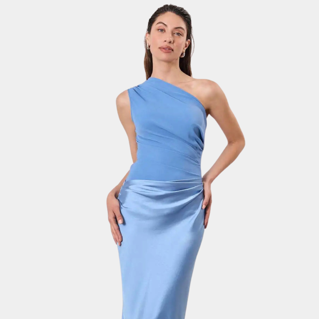 Women's One-Shoulder Satin Maxi Dress – Ruched Bodice, Elegant Formal Style