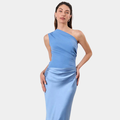 Women's One-Shoulder Satin Maxi Dress – Ruched Bodice, Elegant Formal Style