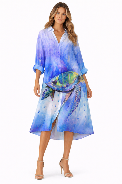 Women Casual Printed Shirt Midi Dress