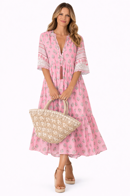 Women Printed V Neck Midi Dress