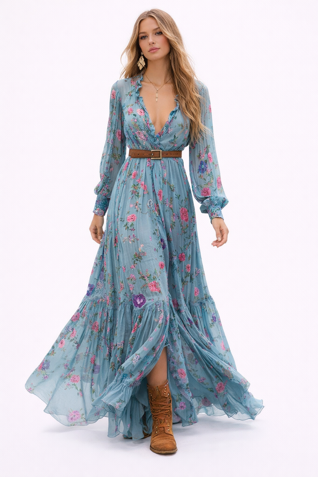 Women Boho Ruffled Maxi Dress
