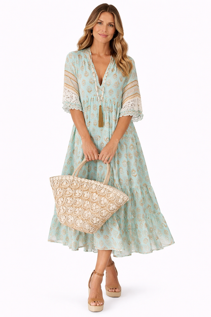 Women Printed V Neck Midi Dress