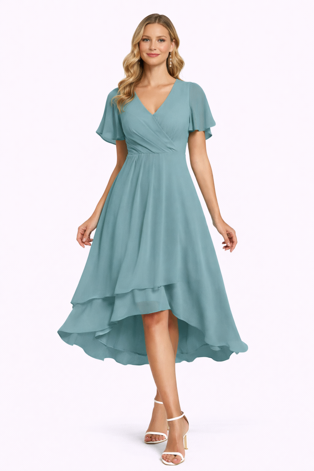 Women's Elegant Flowing A-Line Dress – V-Neck, Flutter Sleeve, Midi Length
