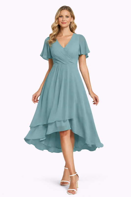 Women's Elegant Flowing A-Line Dress – V-Neck, Flutter Sleeve, Midi Length