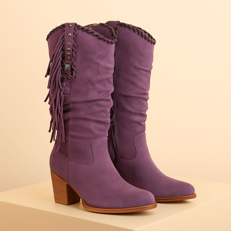 Sara | Women's Boho Western Cowboy Boots - Suede & Fringe