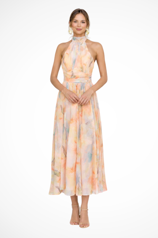 Women Abstract Print Halter Neck Maxi Dress