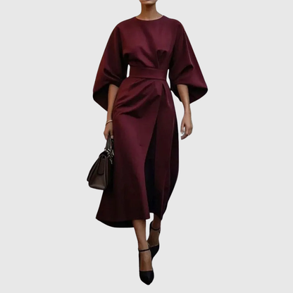 Women's Satin Batwing Sleeve Maxi Dress – Belted Waist, Elegant Formal Style