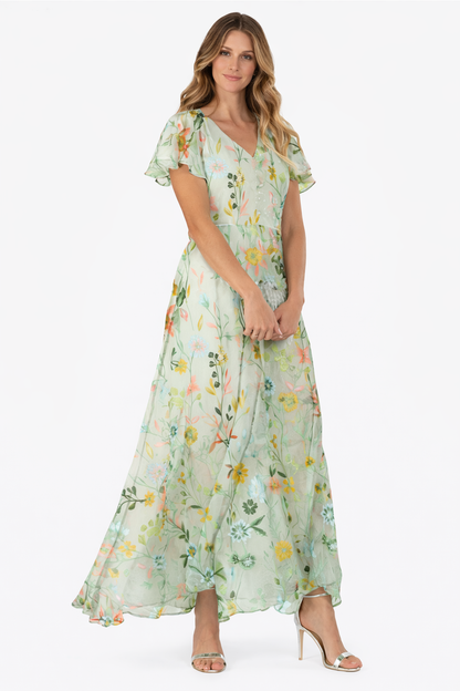 Women Floral Print V Neck Maxi Dress