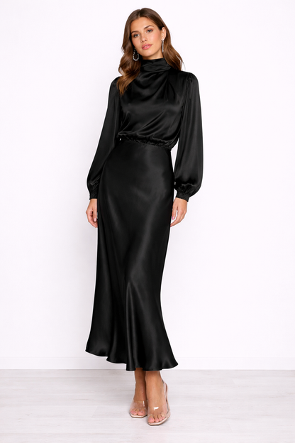 Women's Satin Maxi Dress – High Neck, Bishop Sleeves, Elegant Formal Style