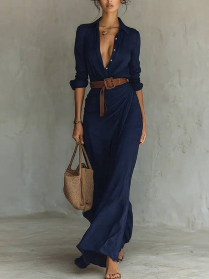 Women's Lapel Wrap Maxi Dress – Belted Waist, Long Sleeve, Elegant Style