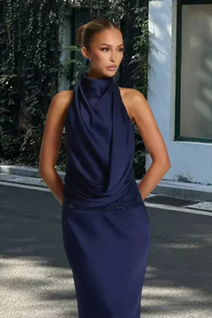 Women Halter Neck Draped Satin Wedding Guest Maxi Dress