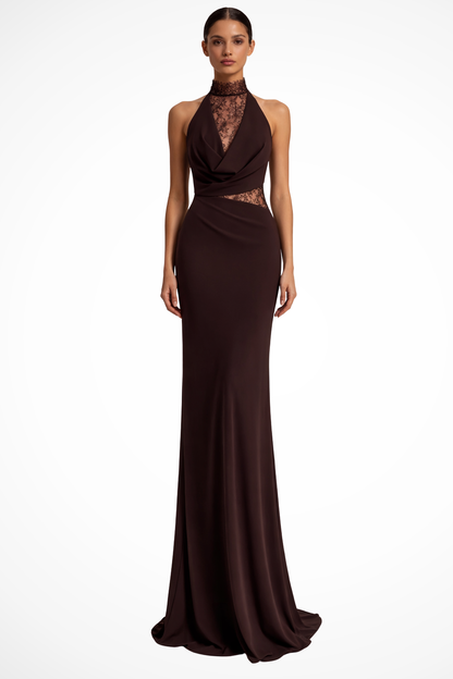 Women Halter Neck Lace Panel Sleeveless Wedding Guest Maxi Dress