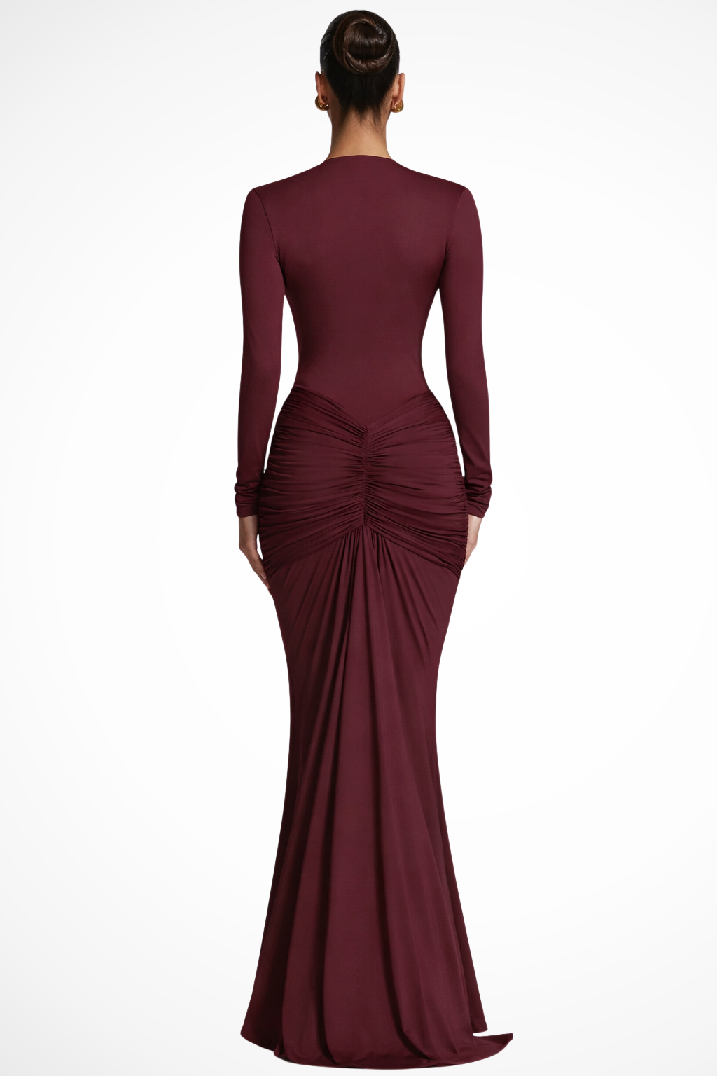 Women Long Sleeve Deep V Neck Ruched Fitted Maxi Wedding Guest Dress