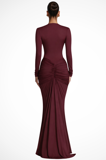 Women Long Sleeve Deep V Neck Ruched Fitted Maxi Wedding Guest Dress