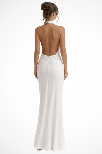 Women Halter Neck Draped Satin Wedding Guest Maxi Dress