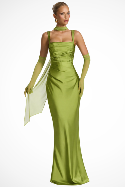 Women Square Neck Ruched Satin Maxi Wedding Guest Dress