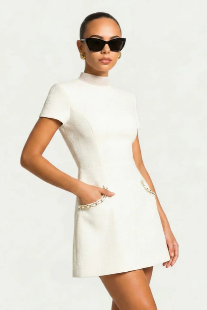 Women Pearl Trim Mini Dress with Pocket Detail