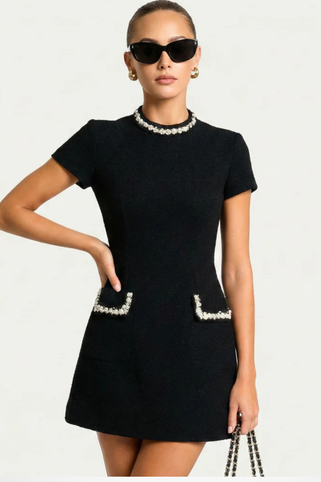Women Pearl Trim Mini Dress with Pocket Detail