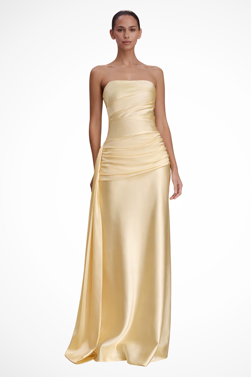 Women Strapless Ruched Satin Maxi Wedding Guest Dress