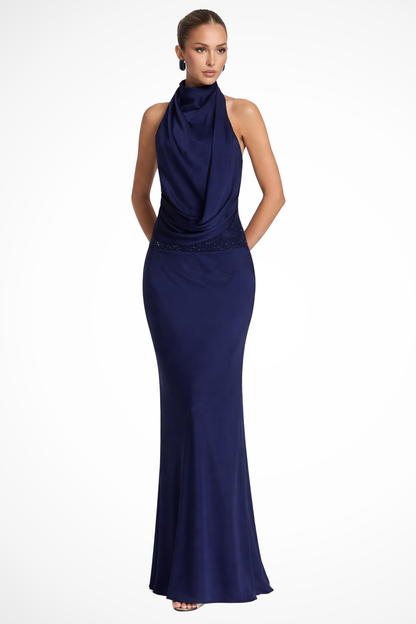Women Halter Neck Draped Satin Wedding Guest Maxi Dress
