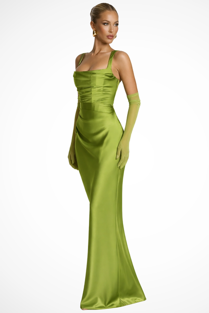 Women Square Neck Ruched Satin Maxi Wedding Guest Dress