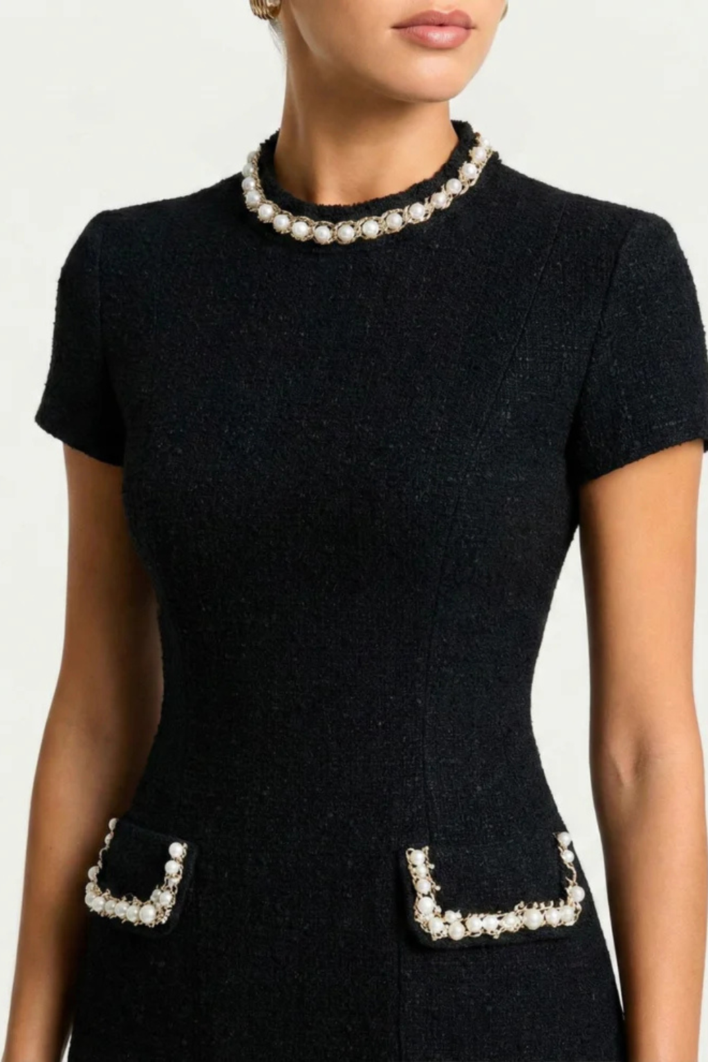 Women Pearl Trim Mini Dress with Pocket Detail
