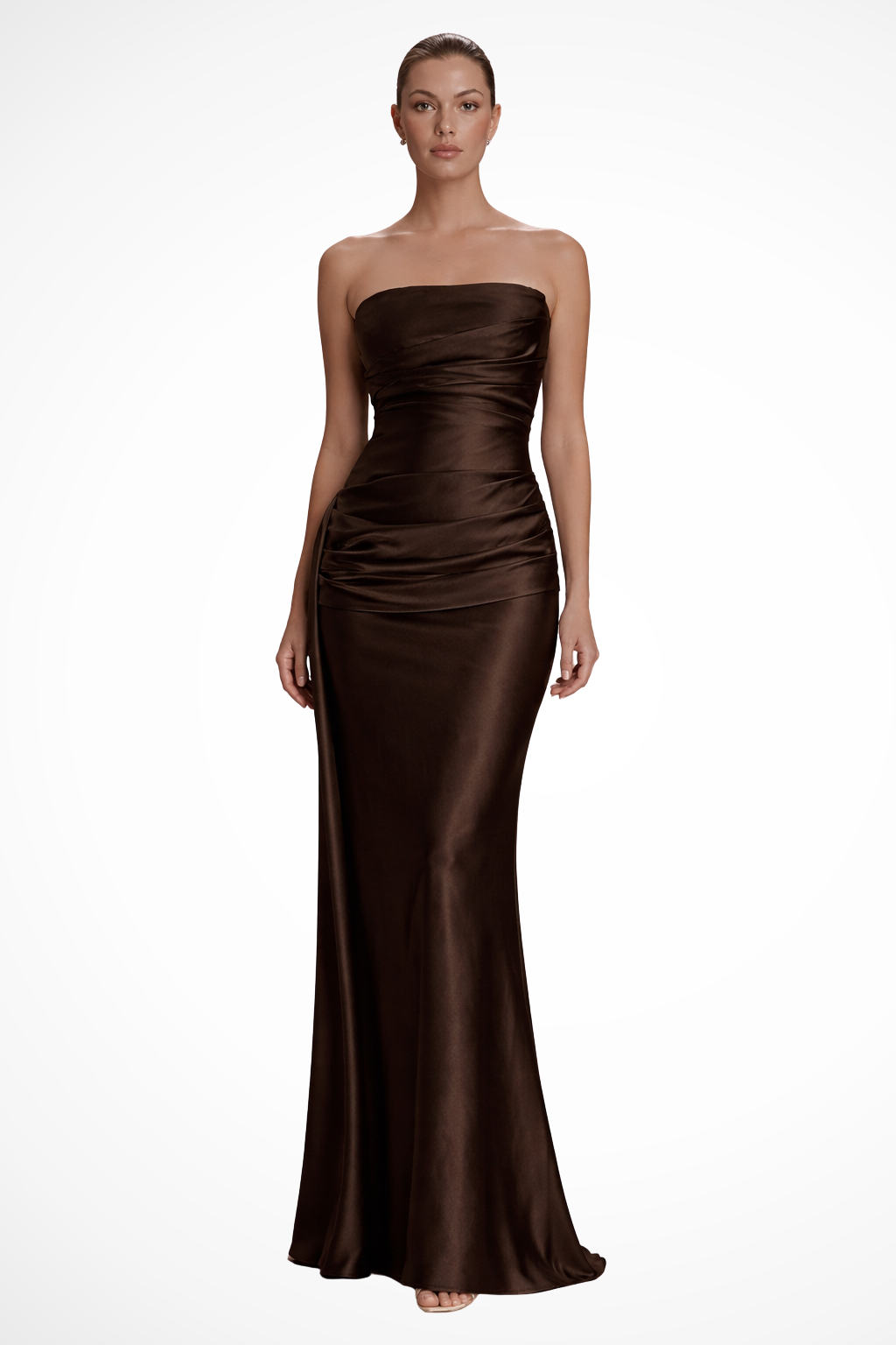 Women Strapless Ruched Satin Maxi Wedding Guest Dress