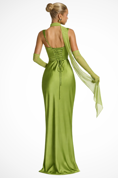 Women Square Neck Ruched Satin Maxi Wedding Guest Dress