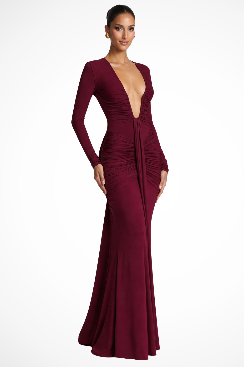 Women Long Sleeve Deep V Neck Ruched Fitted Maxi Wedding Guest Dress