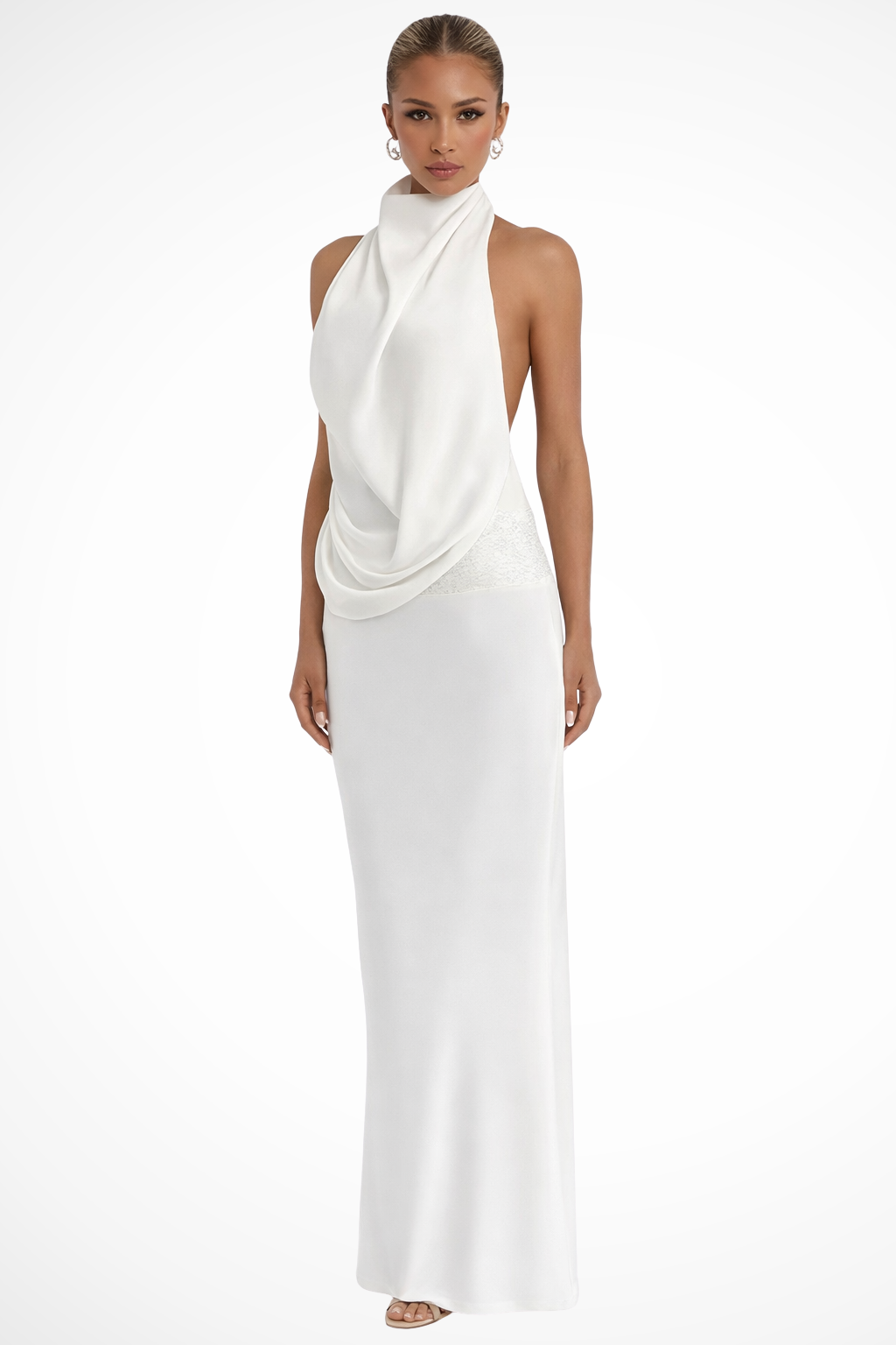 Women Halter Neck Draped Satin Wedding Guest Maxi Dress