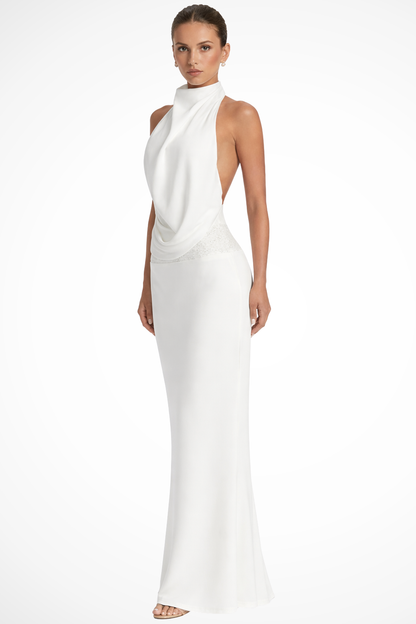 Women Halter Neck Draped Satin Wedding Guest Maxi Dress