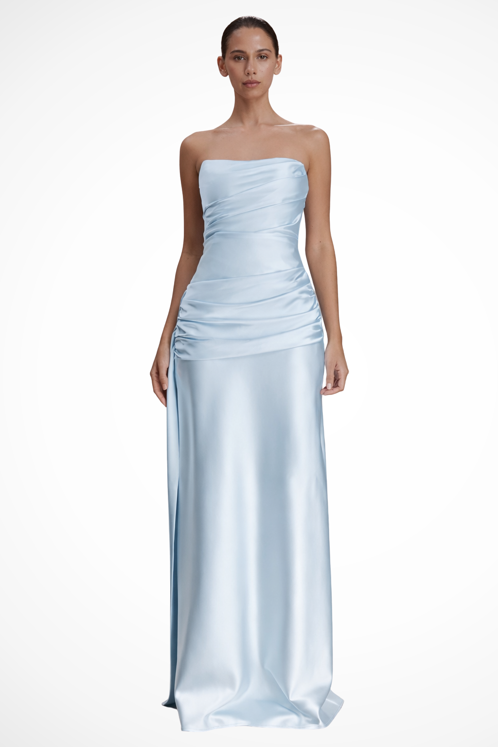 Women Strapless Ruched Satin Maxi Wedding Guest Dress