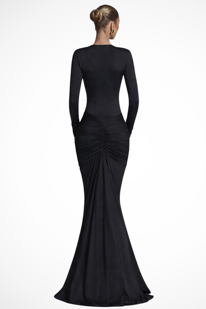 Women Long Sleeve Deep V Neck Ruched Fitted Maxi Wedding Guest Dress