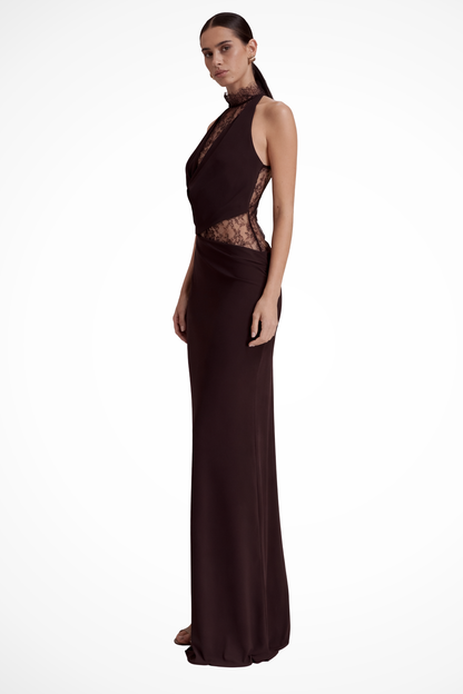 Women Halter Neck Lace Panel Sleeveless Wedding Guest Maxi Dress