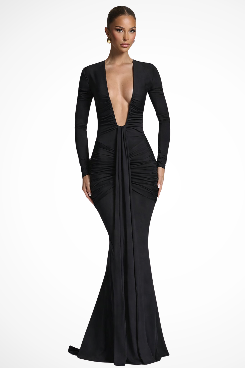 Women Long Sleeve Deep V Neck Ruched Fitted Maxi Wedding Guest Dress