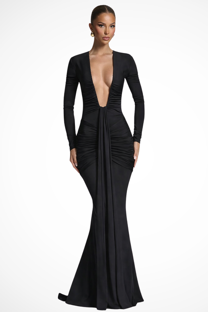 Women Long Sleeve Deep V Neck Ruched Fitted Maxi Wedding Guest Dress