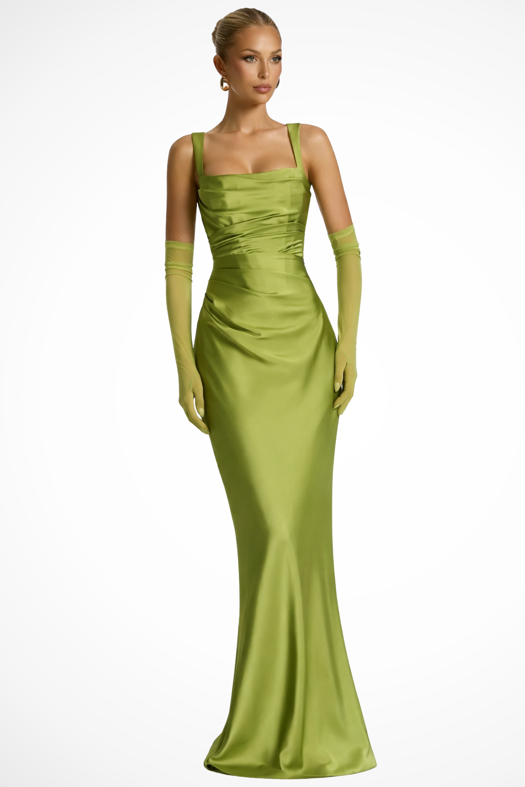 Women Square Neck Ruched Satin Maxi Wedding Guest Dress