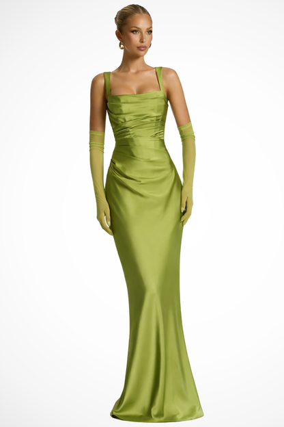 Women Square Neck Ruched Satin Maxi Wedding Guest Dress