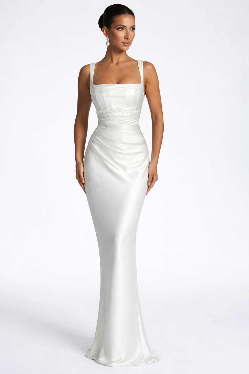 Women Square Neck Ruched Satin Maxi Wedding Guest Dress