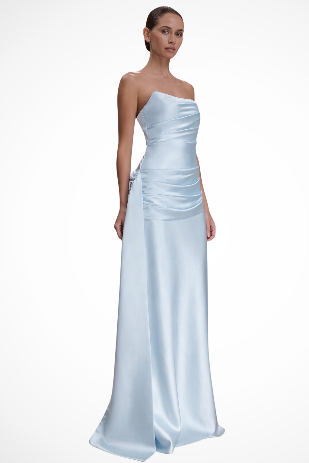 Women Strapless Ruched Satin Maxi Wedding Guest Dress