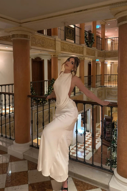 Women Halter Neck Draped Satin Wedding Guest Maxi Dress