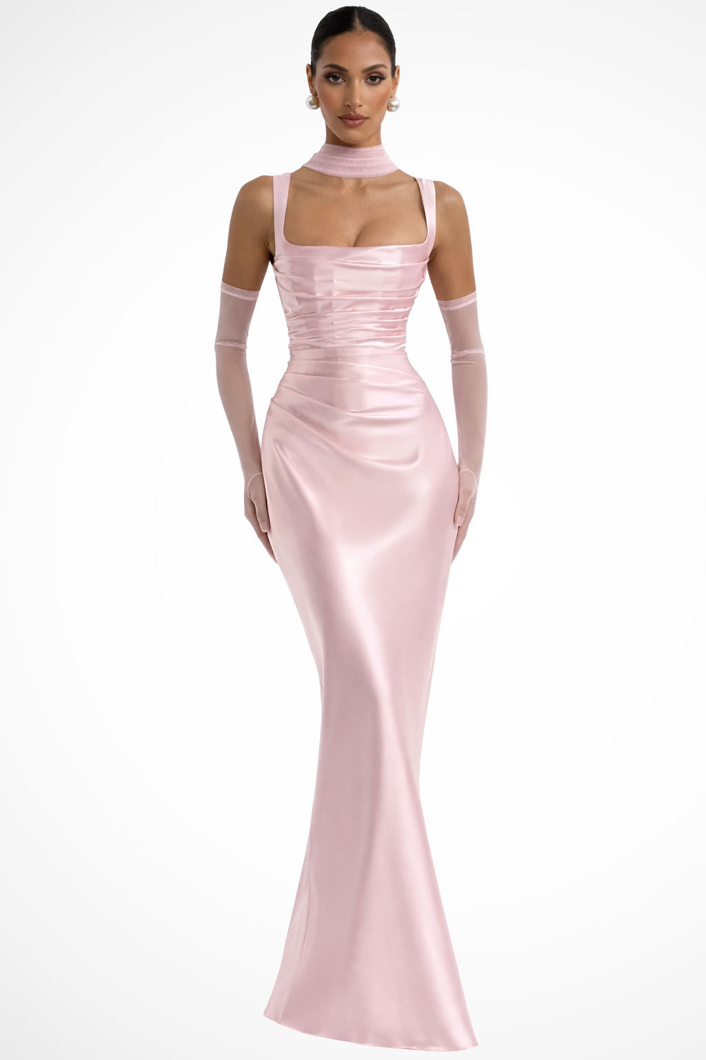 Women Square Neck Ruched Satin Maxi Wedding Guest Dress