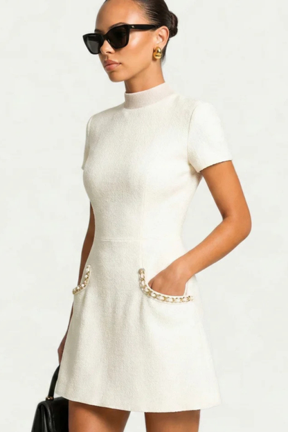 Women Pearl Trim Mini Dress with Pocket Detail